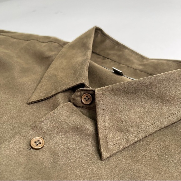 Maxini Collezione Brown Green 100% Ultra Suede Pocket Long Sleeve Dress Shirt - Picture 6 of 14